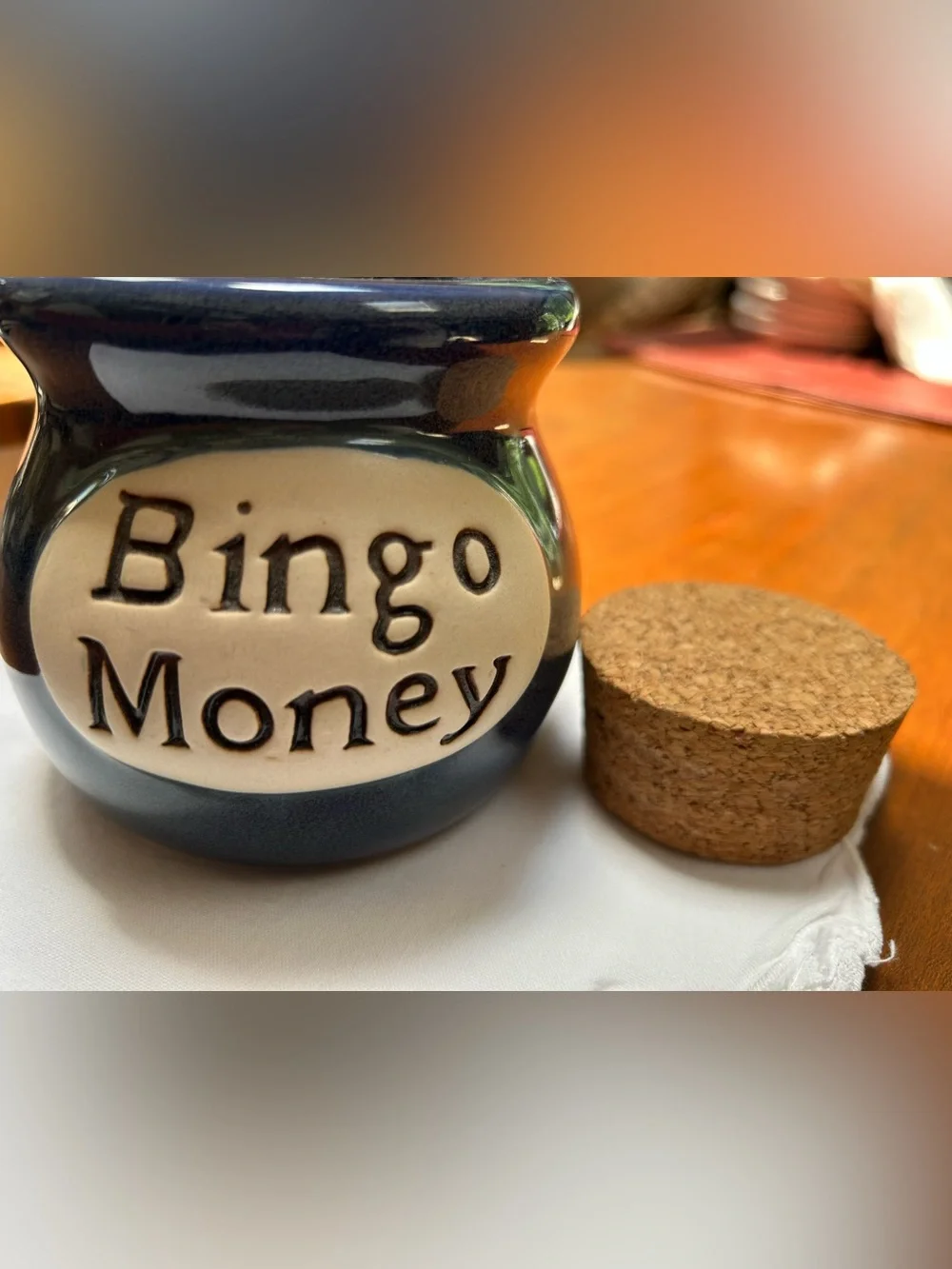 Bingo Money Ceramic Jar with Cork Lid - Blue